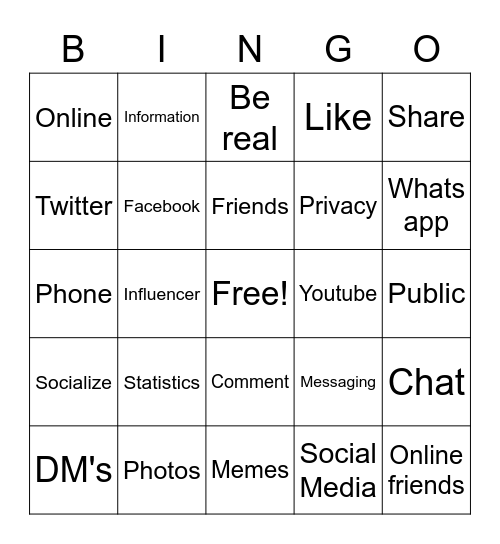 Social Media Bingo Card