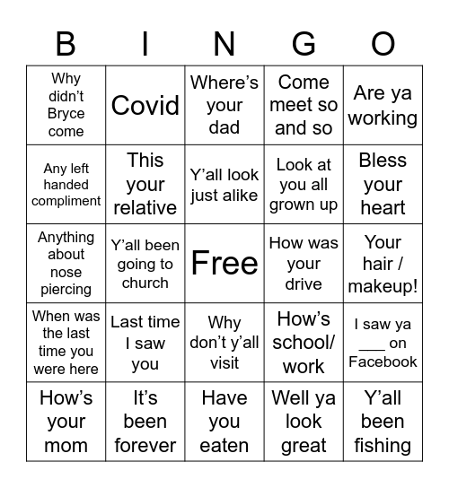 Haven’t Seen You Forever Bingo Card