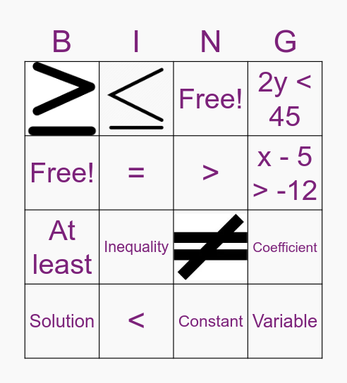 Inequality Bingo Card