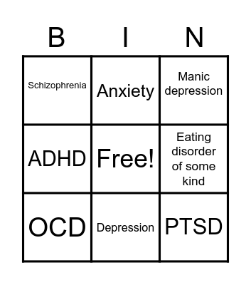 Mental disorder bingo! Bingo Card