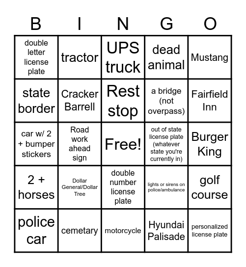 NC to Ohio Bingo Card