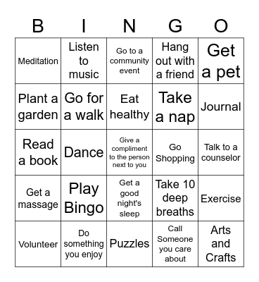Stress relief Bingo Card