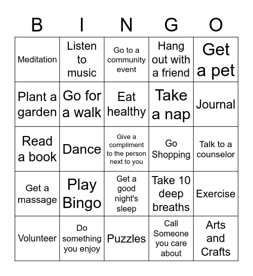 Stress relief Bingo Card