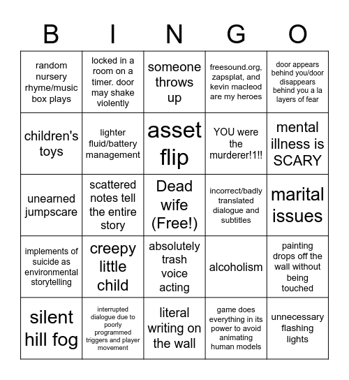 indie psychological horror game bingo Card