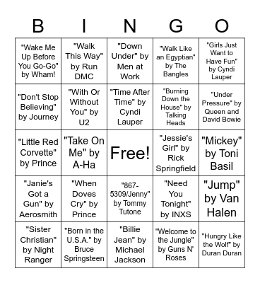 Bingo Singo - '80s Music Bingo Card