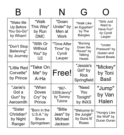 Bingo Singo - '80s Music Bingo Card