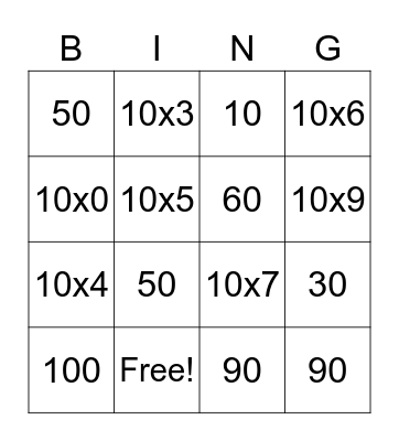 Multiplication 10s Bingo Card