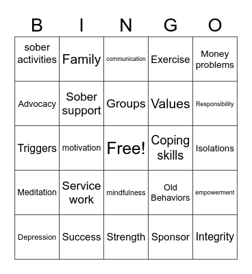 Recovery Bingo Card