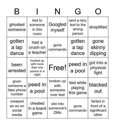 Never Have I Ever Bingo Card