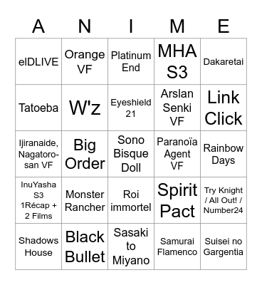 Anime Bingo 2022 Bingo Card