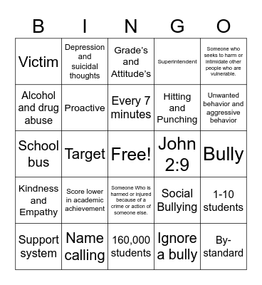 Bullying Bingo Card