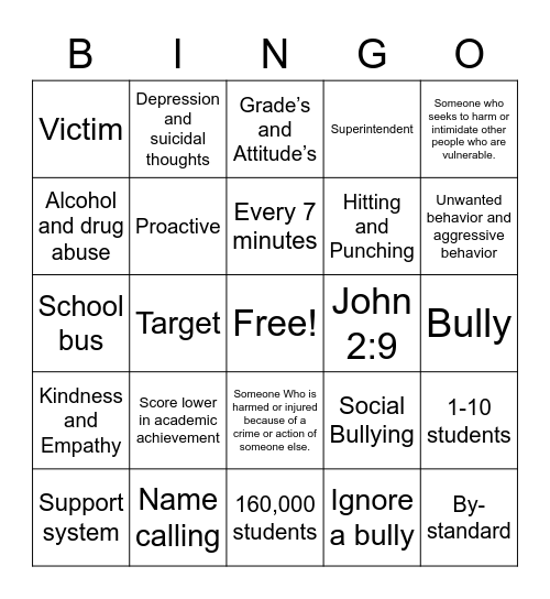 Bullying Bingo Card
