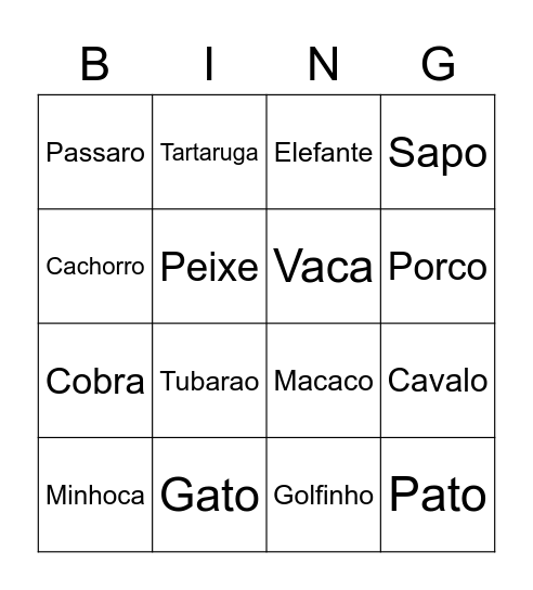 Animais Bingo Card