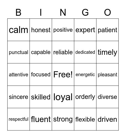 Self Adjectives Bingo Card