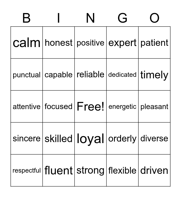 self-adjectives-bingo-card