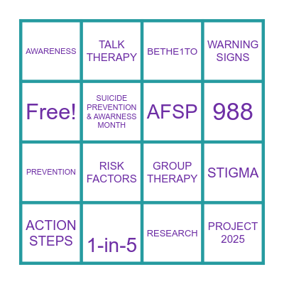 SUICIDE AWARENESS BINGO Card