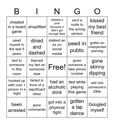 Never Have I Ever Bingo Card