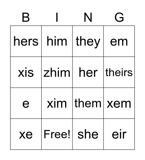 Pronoun Bingo Card