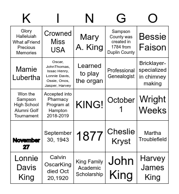 KING FAMILY REUNION 2023 Bingo Card