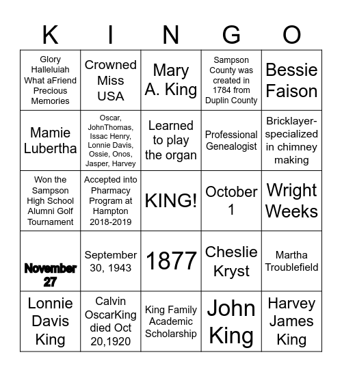 KING FAMILY REUNION 2023 Bingo Card