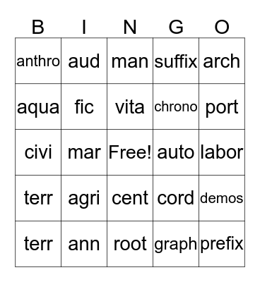 Root Word Bingo Card