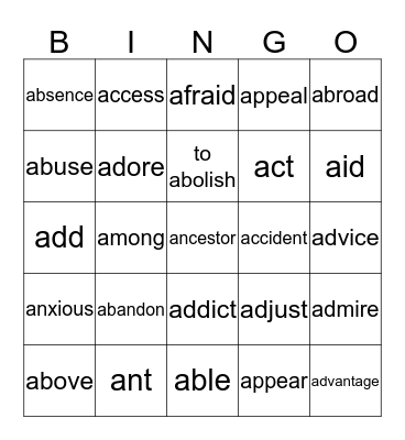 Exam words Bingo Card