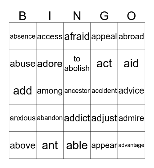 Exam words Bingo Card