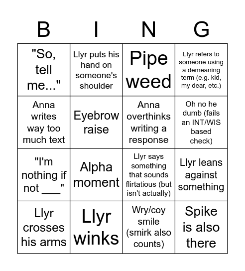 Anna roleplaying Llyr BINGO (except I could only think of 16 things) Bingo Card