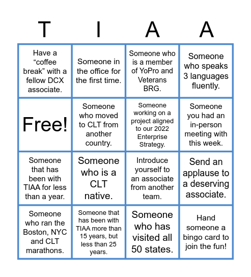 TIAA Bingo Card