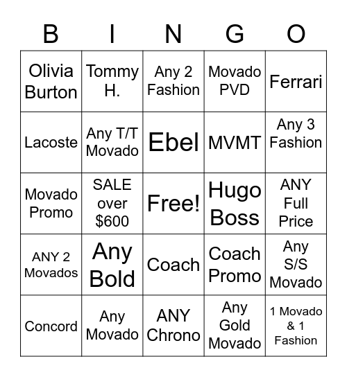 Movado Bingo is BACK!!! Bingo Card