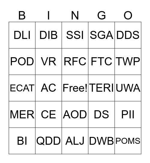 SSA BINGO Card