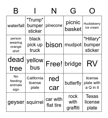 Yellowstone Bingo Card