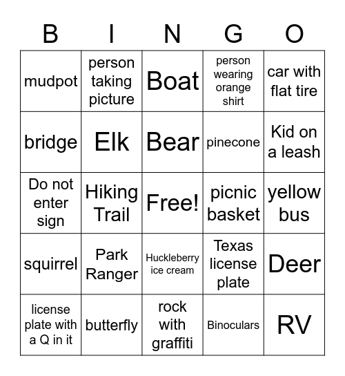 Yellowstone Bingo Card