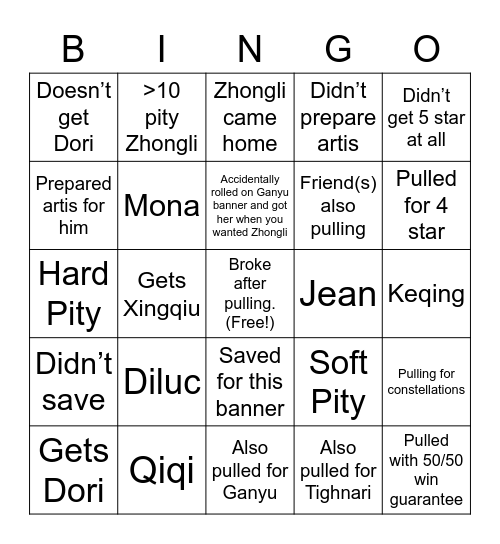 Pulling for Zhongli in 3.0 (Genshin) Bingo Card