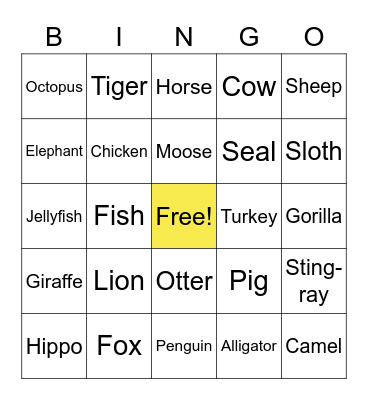 ASL Animal Bingo Card
