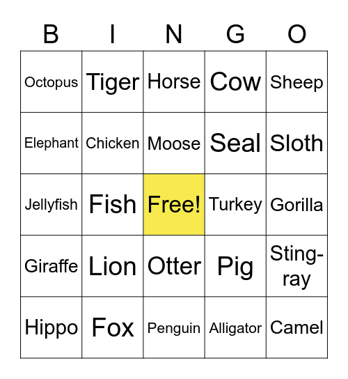 ASL Animal Bingo Card