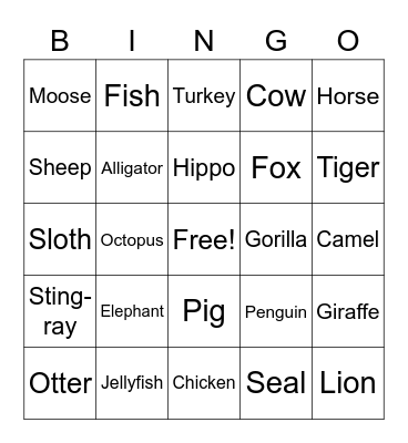 ASL Animal Bingo Card
