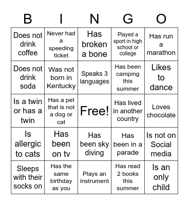 Getting to Know You Bingo Card