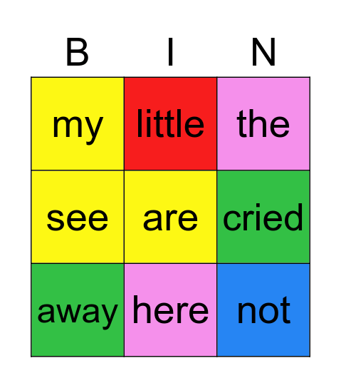 Coloured word Bingo Card