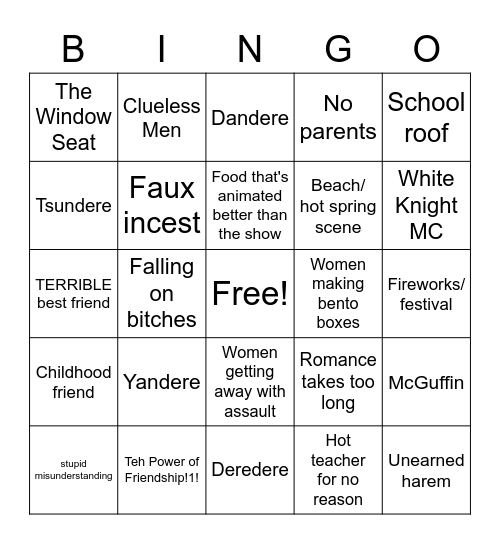Romance Anime Bingo Card