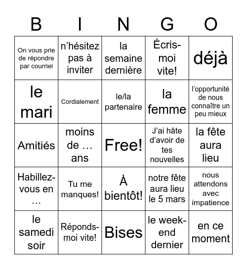 3- les invitations- vocabulary Bingo Card