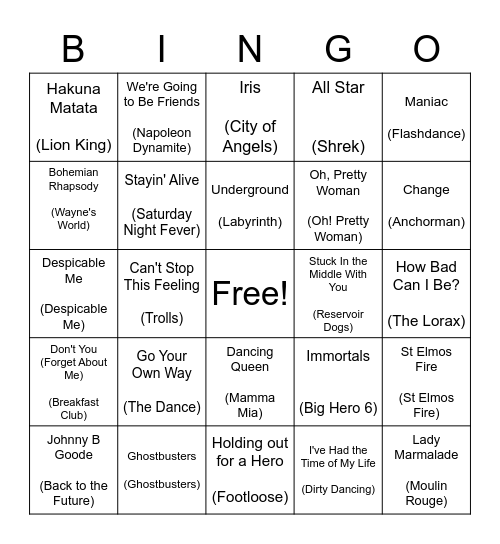 Truck 59 Music Bingo ~ Movie Soundtracks Bingo Card