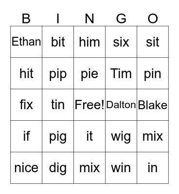 "I" Bingo Group #! Bingo Card