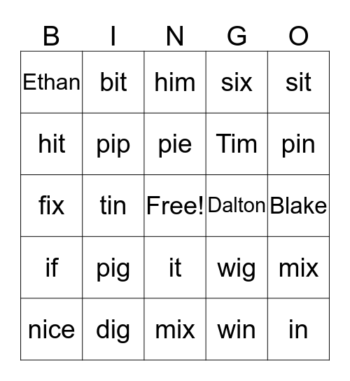 "I" Bingo Group #! Bingo Card