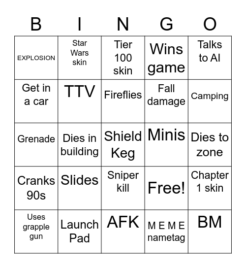 Fortnite bingo Card