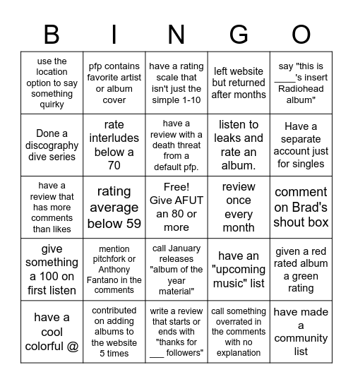 AOTY user bingo Card