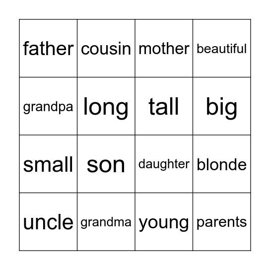 family and adjectives Bingo Card