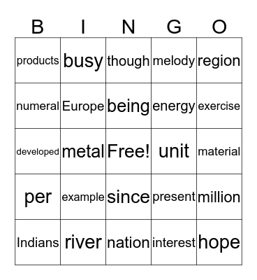 Fry Word Bingo Card