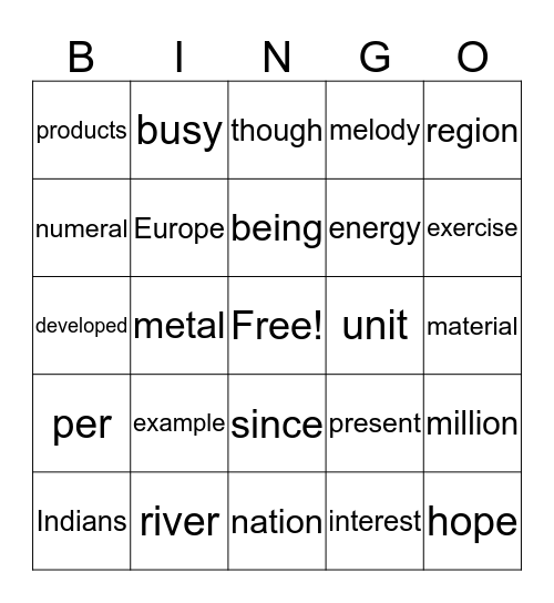 Fry Word Bingo Card