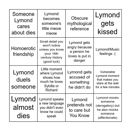 Lymond Bingo Card